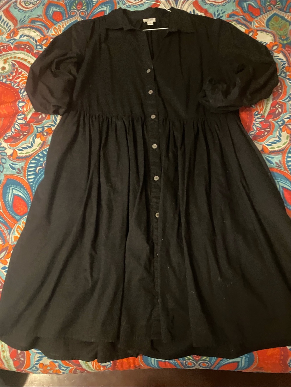 J. Crew Factory Black Button-Front Midi Dress with Puff Sleeves